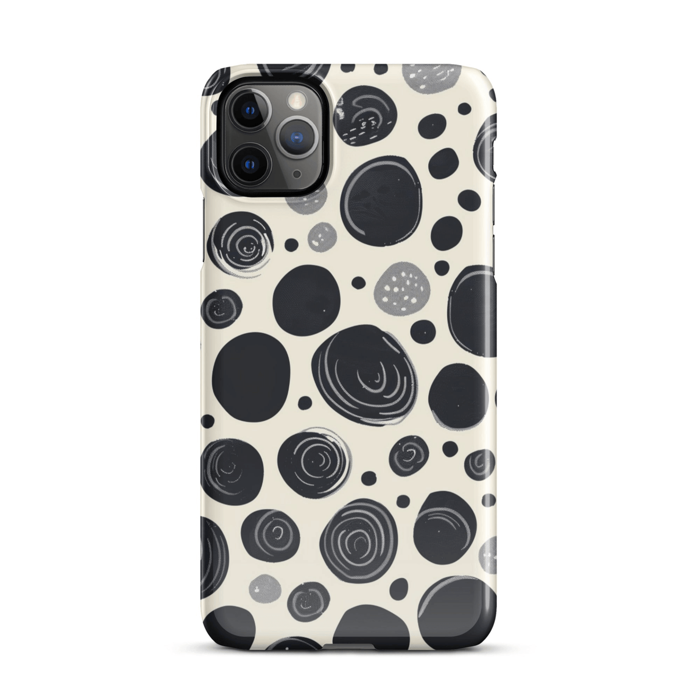 Minimalist white phone case with bold black polka dot accents for iPhone and Android.