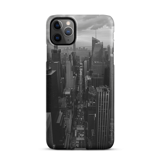 Monochrome phone case featuring a black-and-white New York City skyline design.