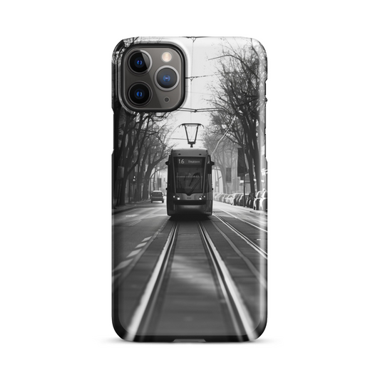 Black and monochrome phone case featuring Melbourne tram artwork for iPhone and Android.