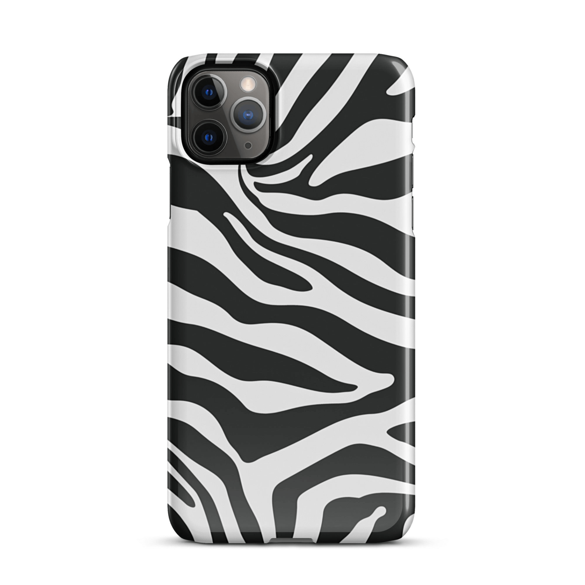 Black and white zebra skin phone case for iPhone with a modern aesthetic.