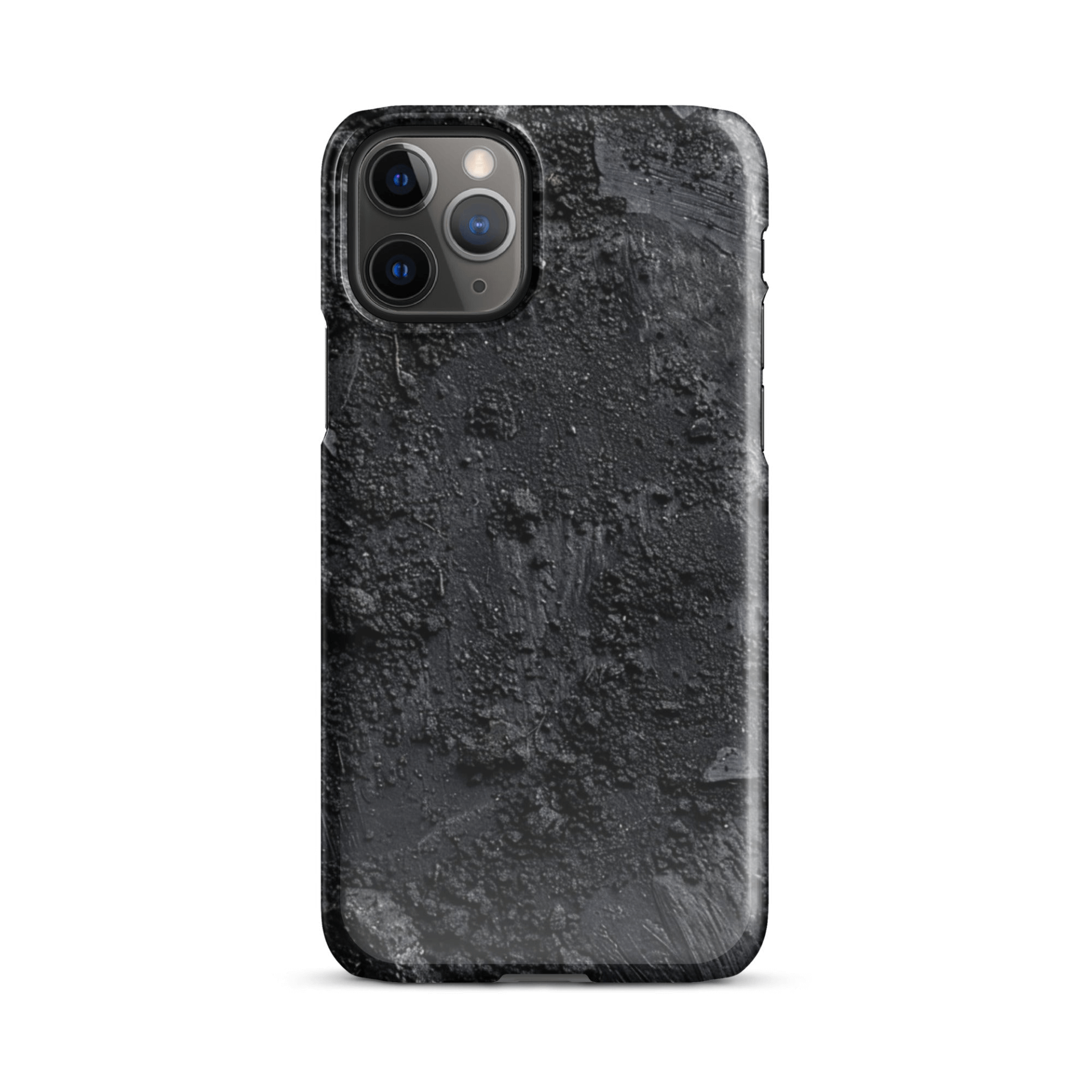 Textured black phone case with moon surface patterns for iPhone and Android.