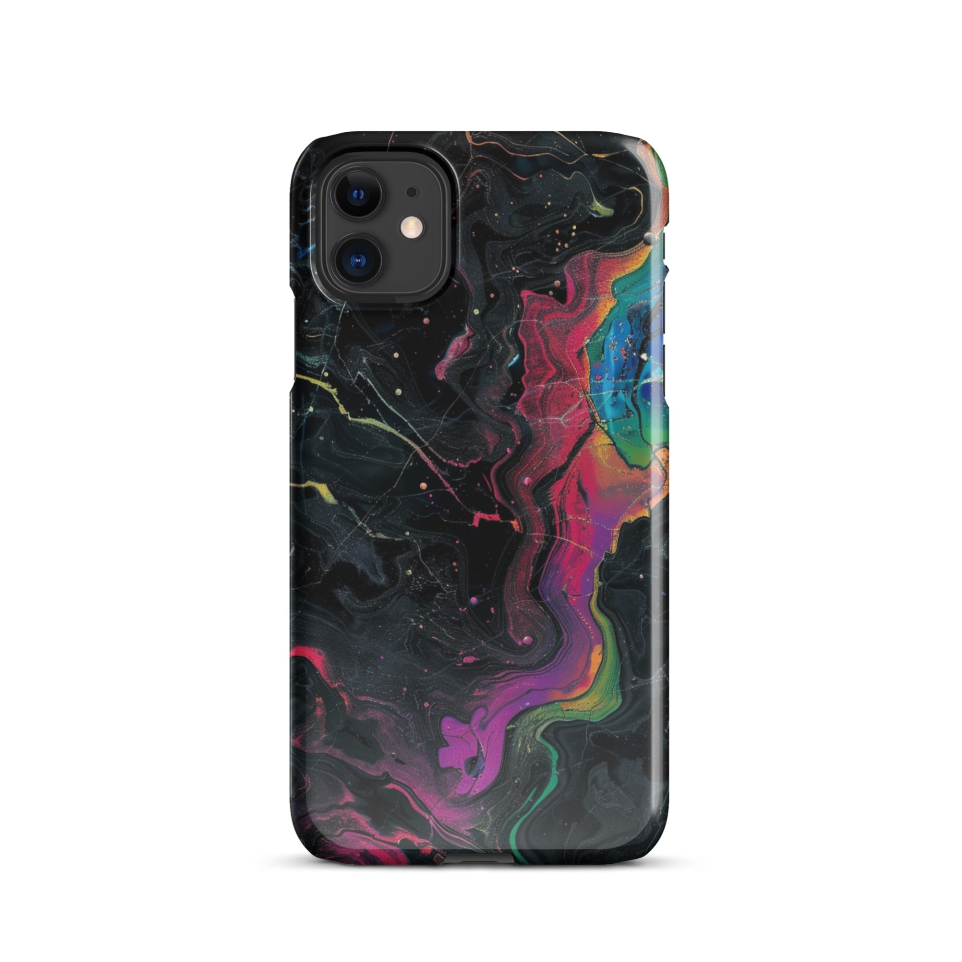 Vibrant black phone case with rainbow accents on a dark background.